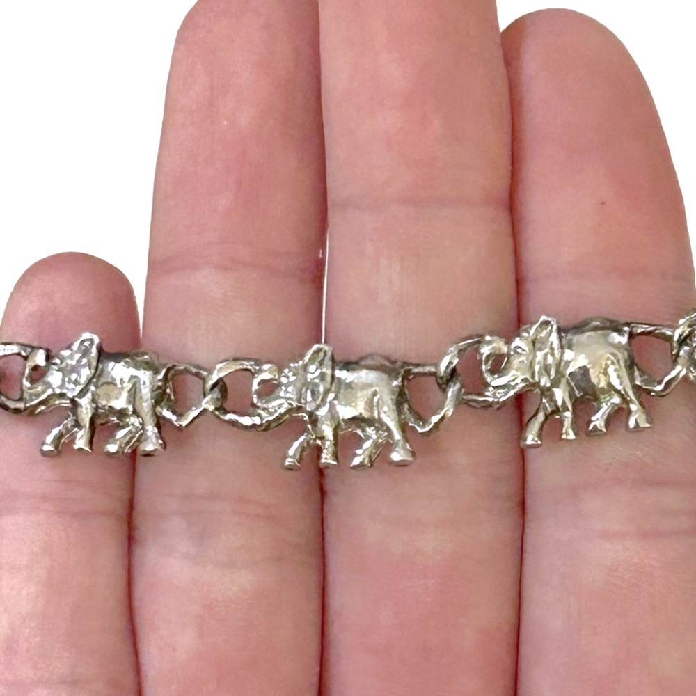 Vintage Sterling Silver 925 Elephant Link Chain Bracelet Animal Safari Artisan